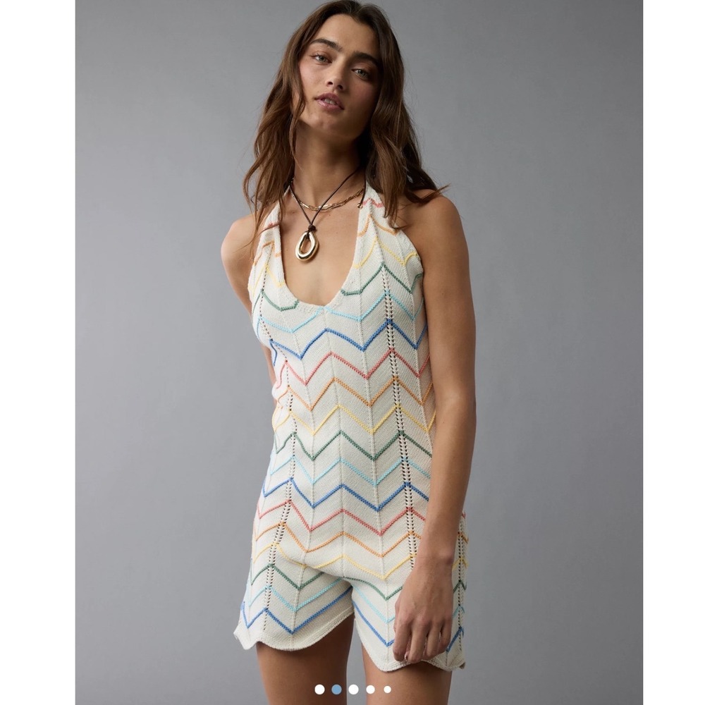 American Eagle Chevron Knit Pride Halter romper Women XS Cream Multi Zigzag Boho